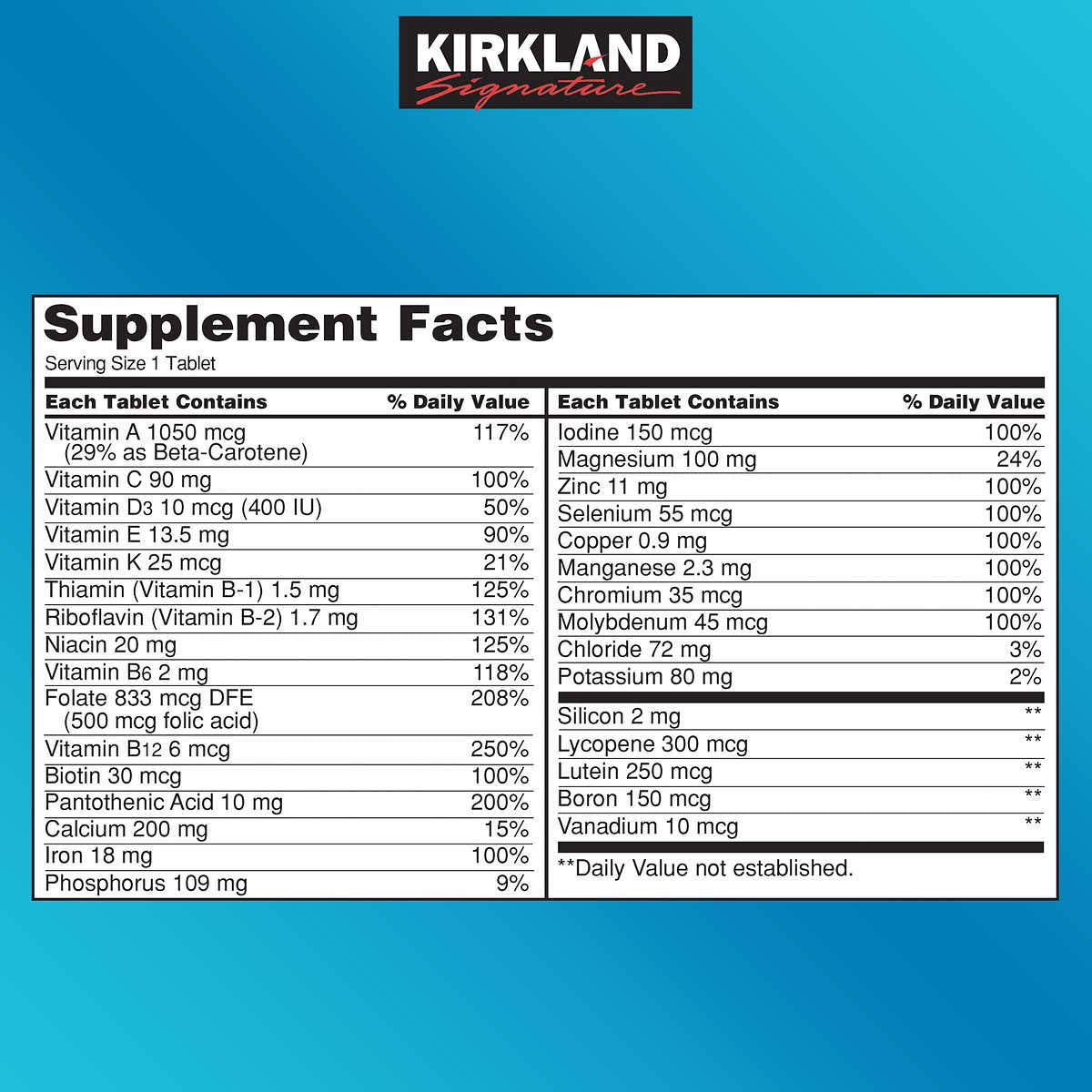 Label on Kirkland Daily Multi 500 tablets 2-pack showing Calcium and Vitamin D