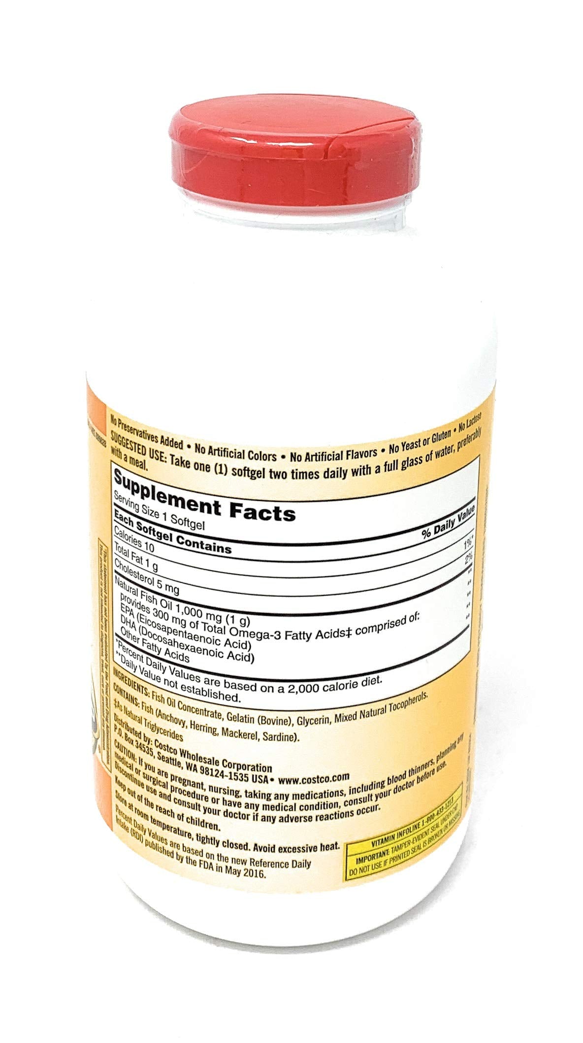 Close-up of 1000 mg omega-3 per softgel label on Kirkland bottle