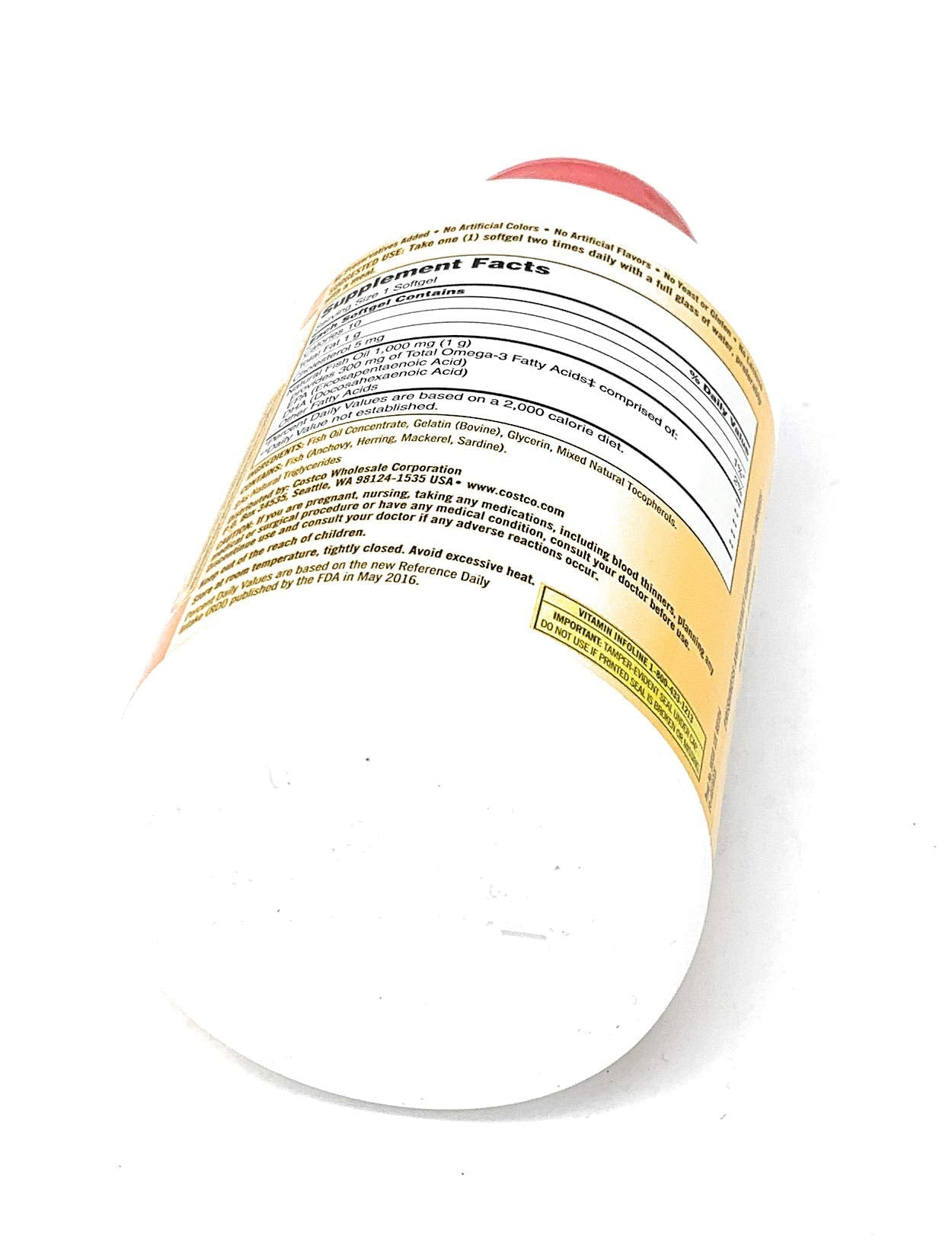 Nutrition facts and ingredients panel on Kirkland Fish Oil package