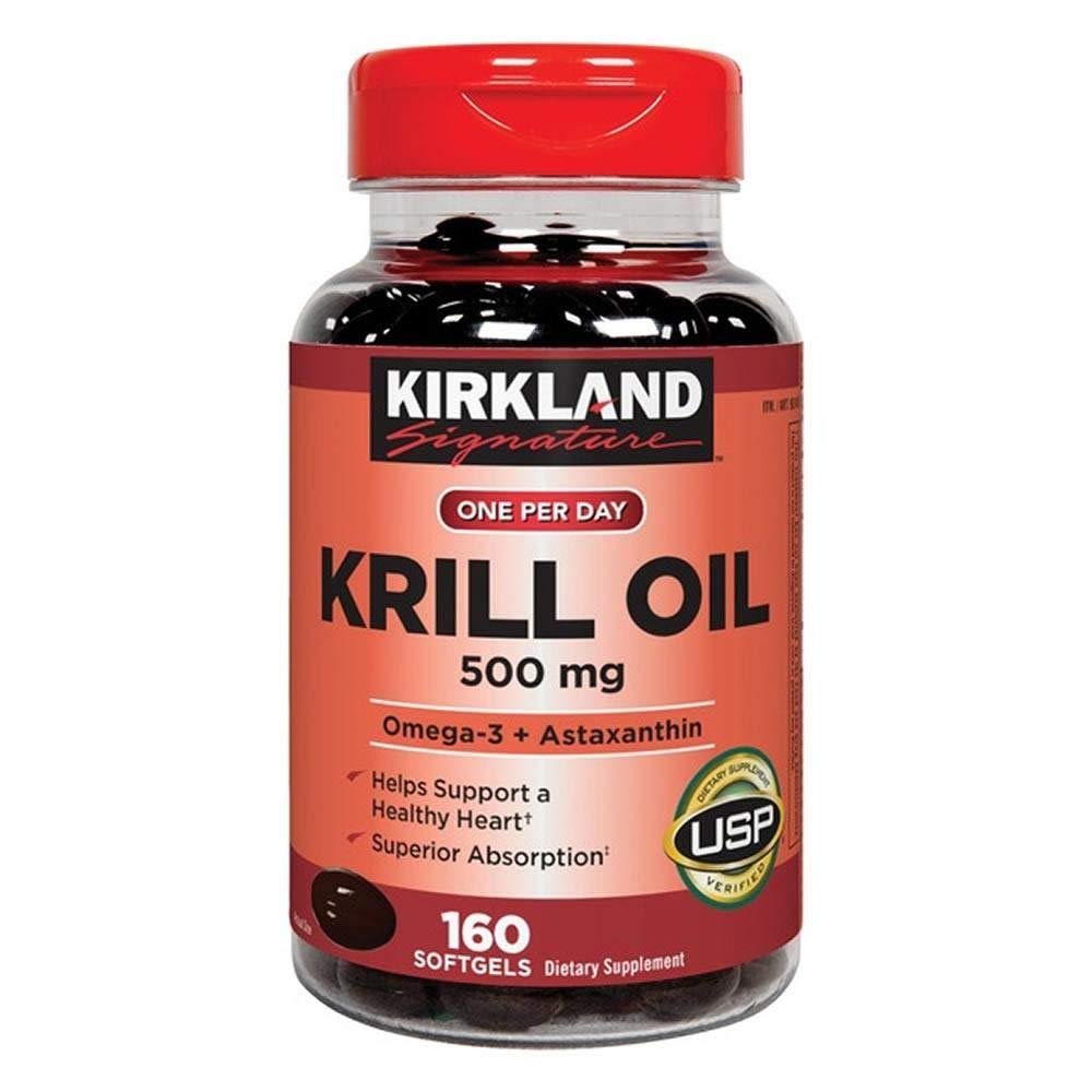 Kirkland Signature Krill Oil bottle with 500 mg and 160 softgels