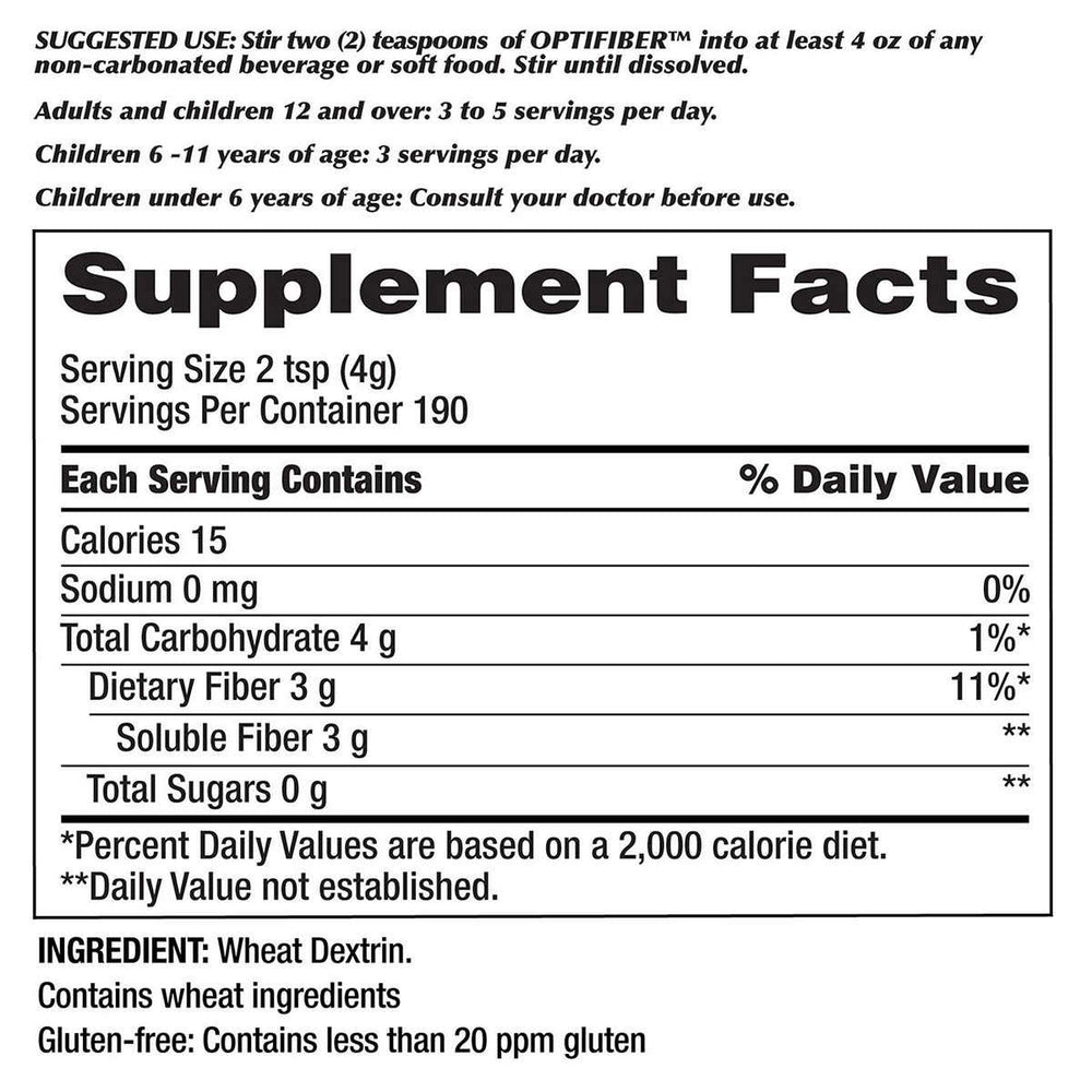 Close-up of Kirkland Signature OPTIFIBER label showing 190 servings