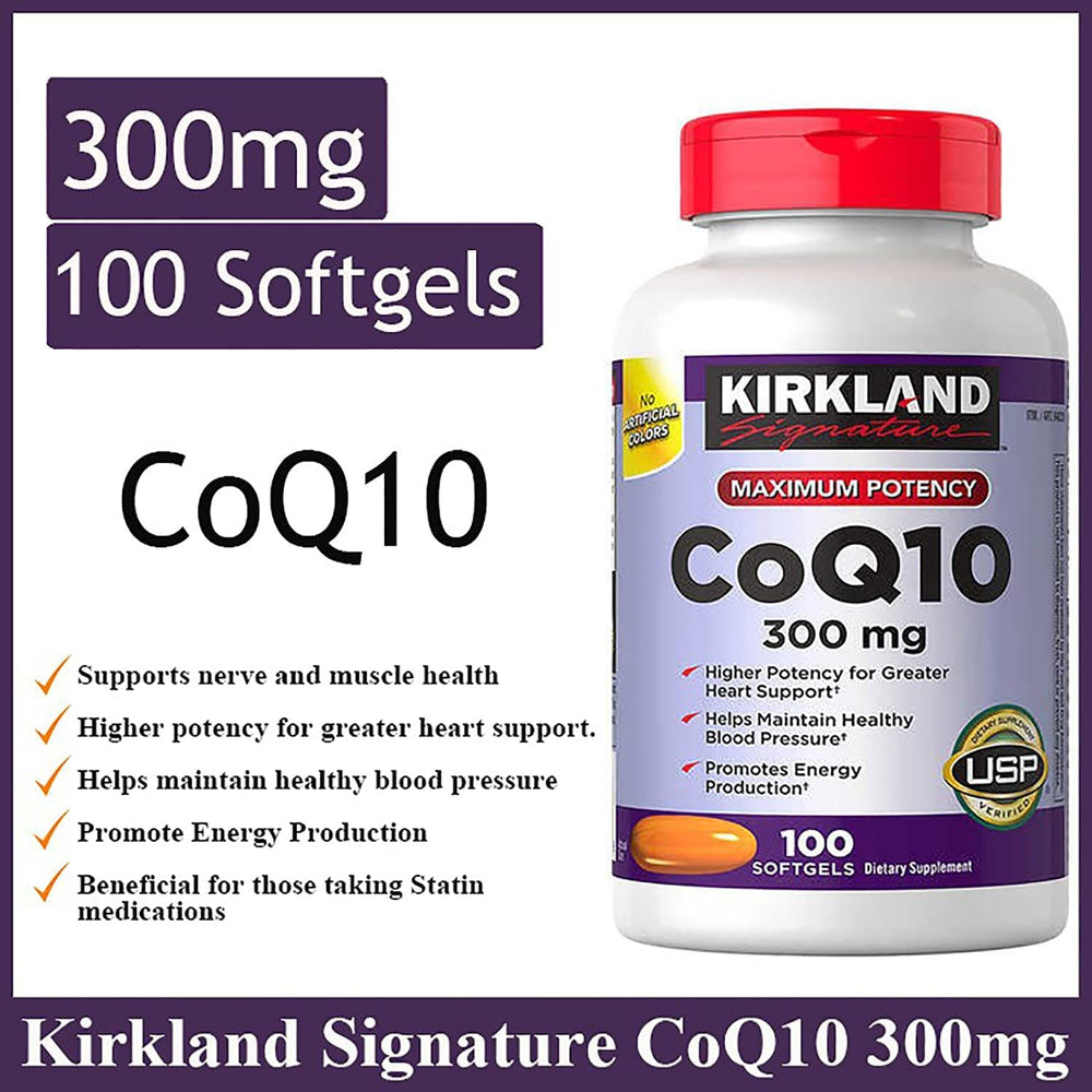 Front view of Kirkland Signature CoQ10 300 mg three-pack packaging