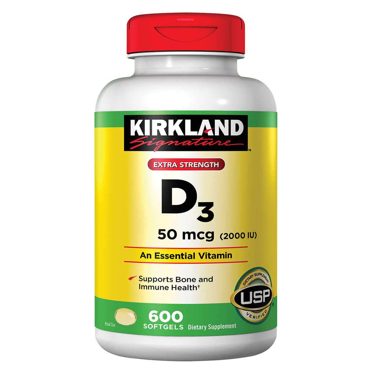 Kirkland Signature Vitamin D3 50 mcg (2000 IU) - front view of 2-pack softgels
