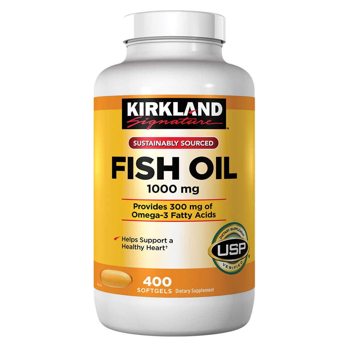Kirkland Signature Fish Oil 1000 mg bottle with 400 softgels, 2-pack