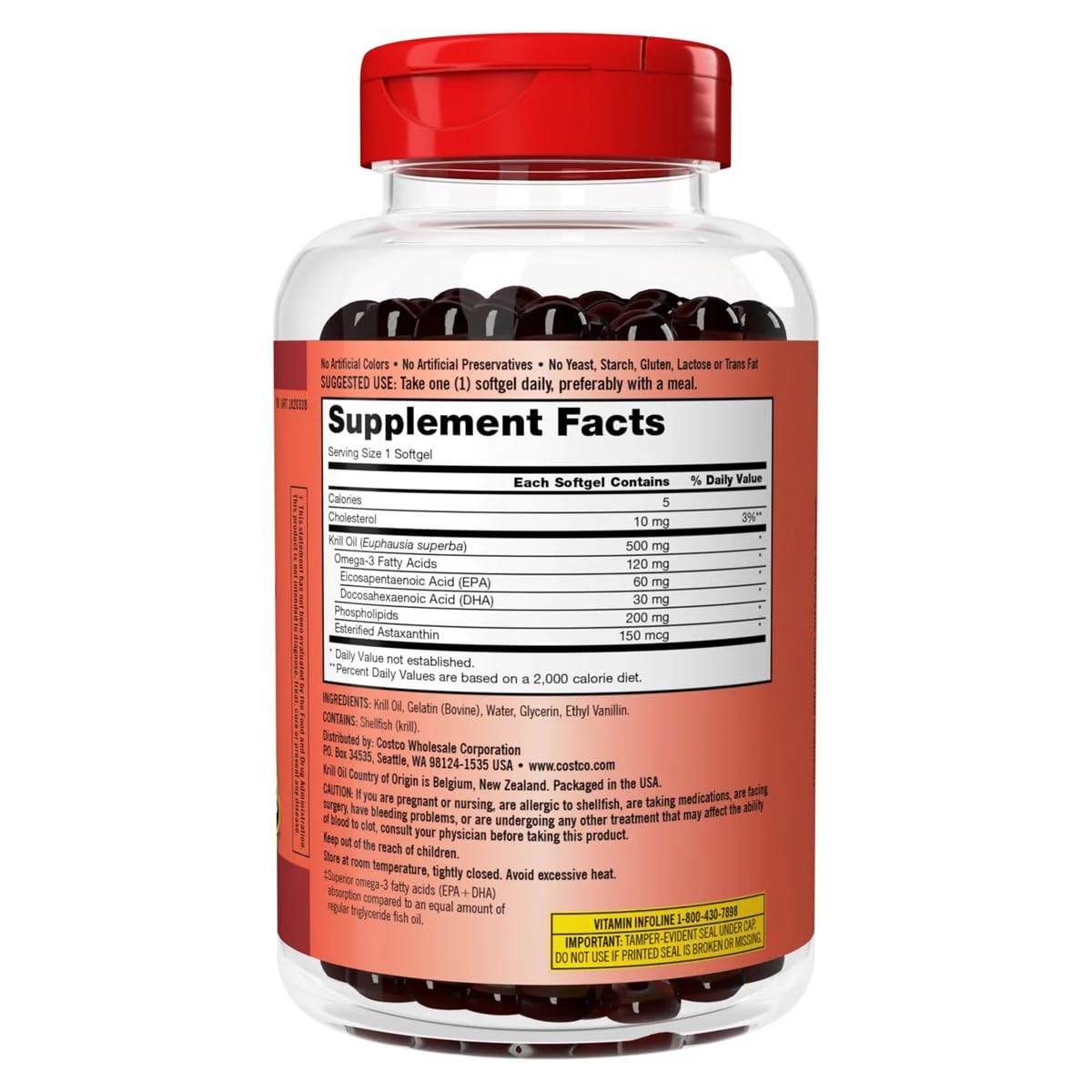 Close-up of Kirkland Krill Oil 500mg softgels bottle