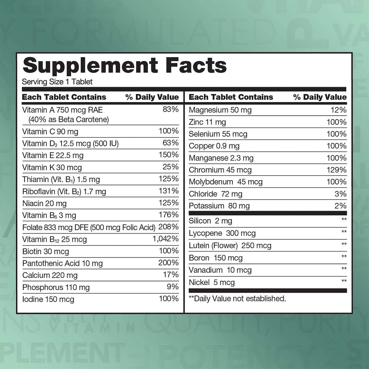 Kirkland Signature Mature Adults Multi Vitamins & Minerals 400 Tablets 2-Pack packaging back