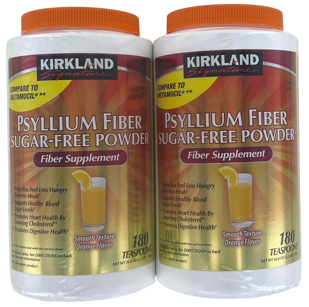 Nutrition facts panel on Kirkland Sugar-Free Psyllium Powder jar