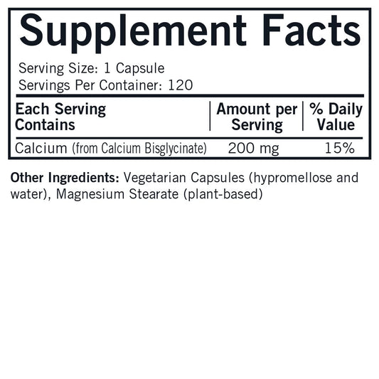 Close-up of 200mg calcium bisglycinate chelate capsules in bottle