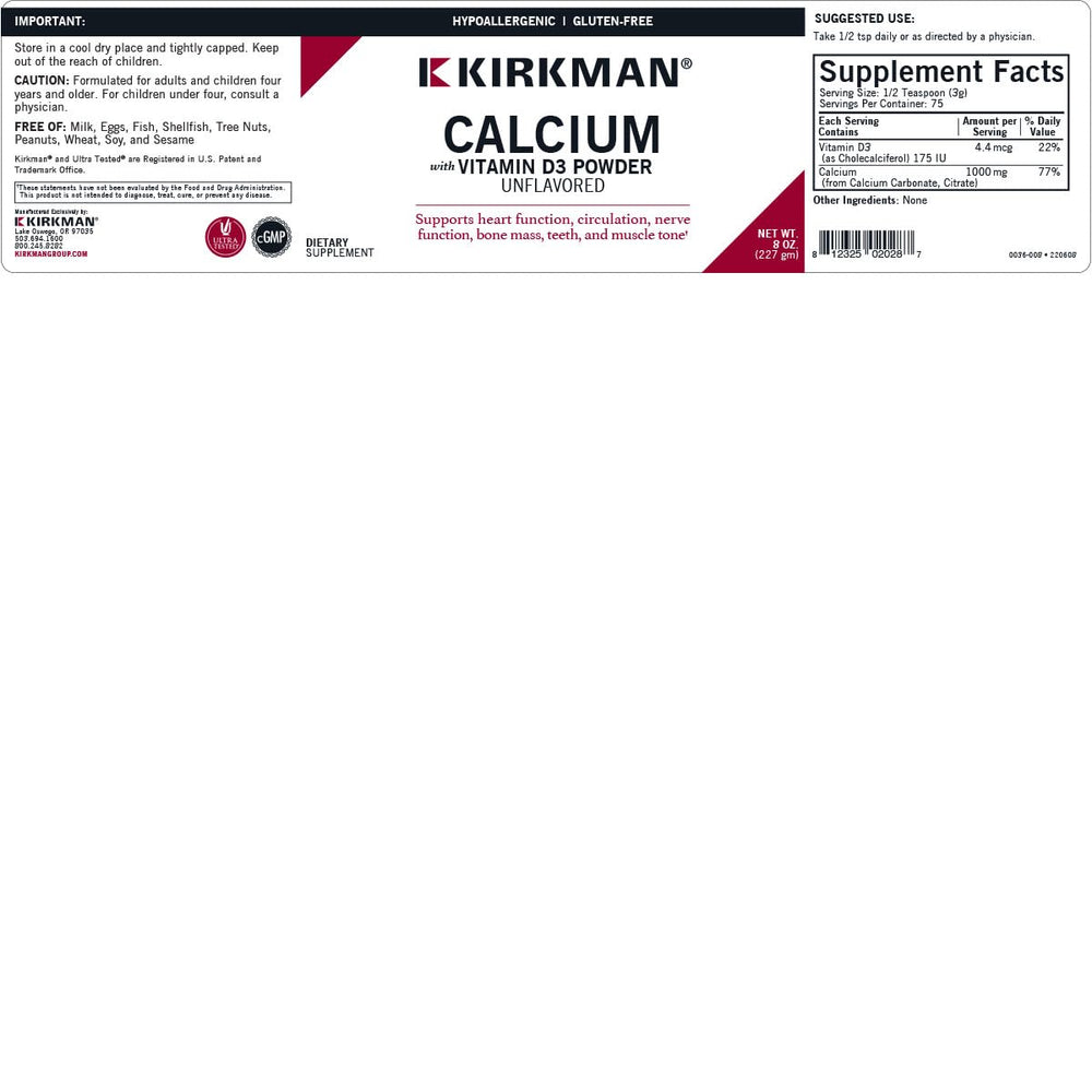 Nutrition facts panel for Kirkman Calcium with Vitamin D3 Powder