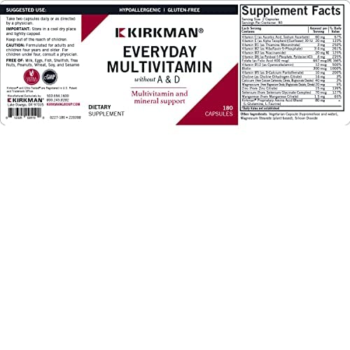 Supplement facts panel from Kirkman Everyday Multivitamin Without A and D