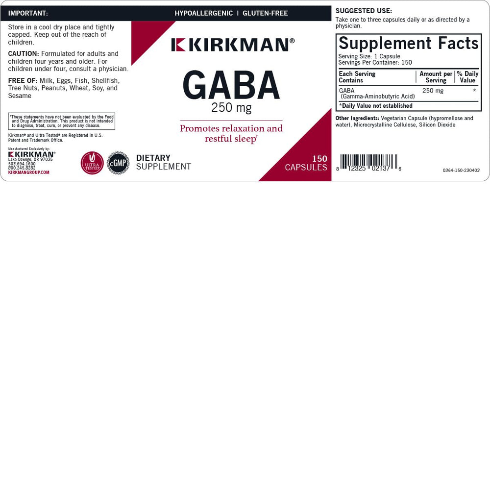 Kirkman GABA 250 mg bottle with capsules