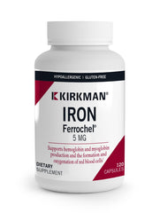 Kirkman Iron Ferrochel 5mg bottle with 120 capsules on white background