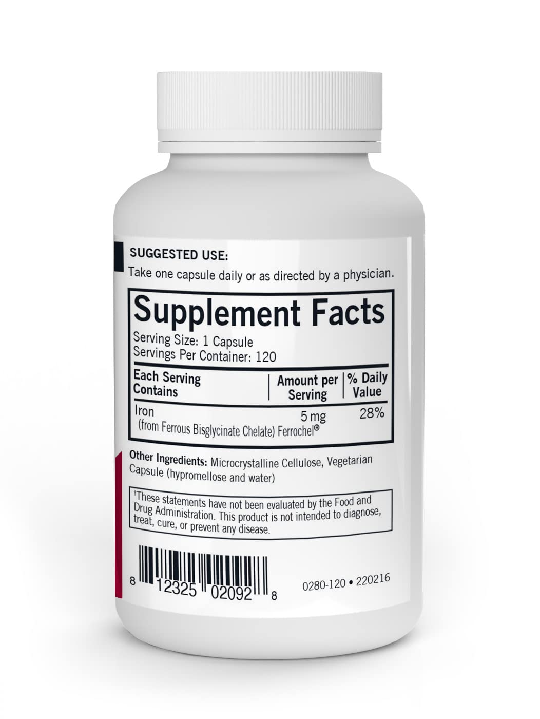 Supplement facts label for Kirkman Iron Ferrochel 5mg