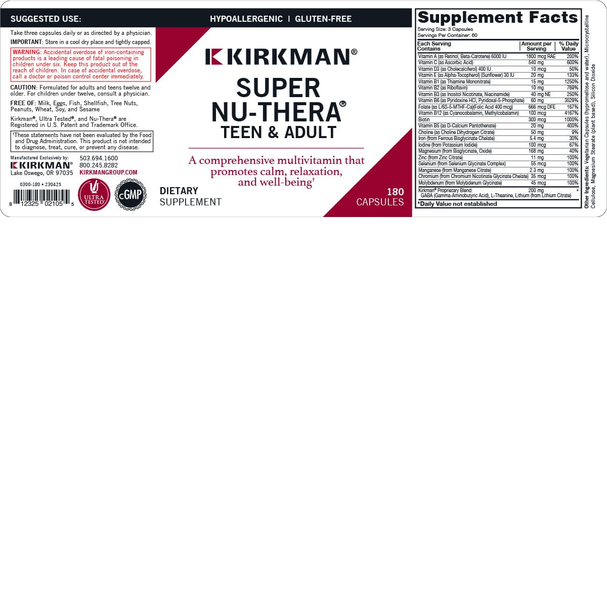 Close-up of Kirkman Nu-Thera Multivitamin label