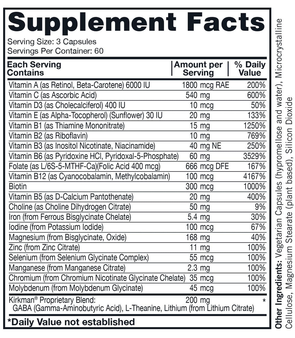 Front packaging of Kirkman Super Nu-Thera Multivitamin Teen & Adult