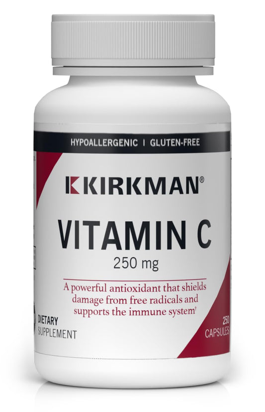 Bottle of Kirkman Vitamin C 250 mg capsules with hypoallergenic formula