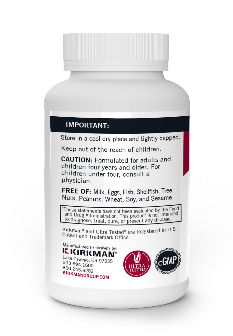 Kirkman Vitamin C bottle label showing hypoallergenic claim