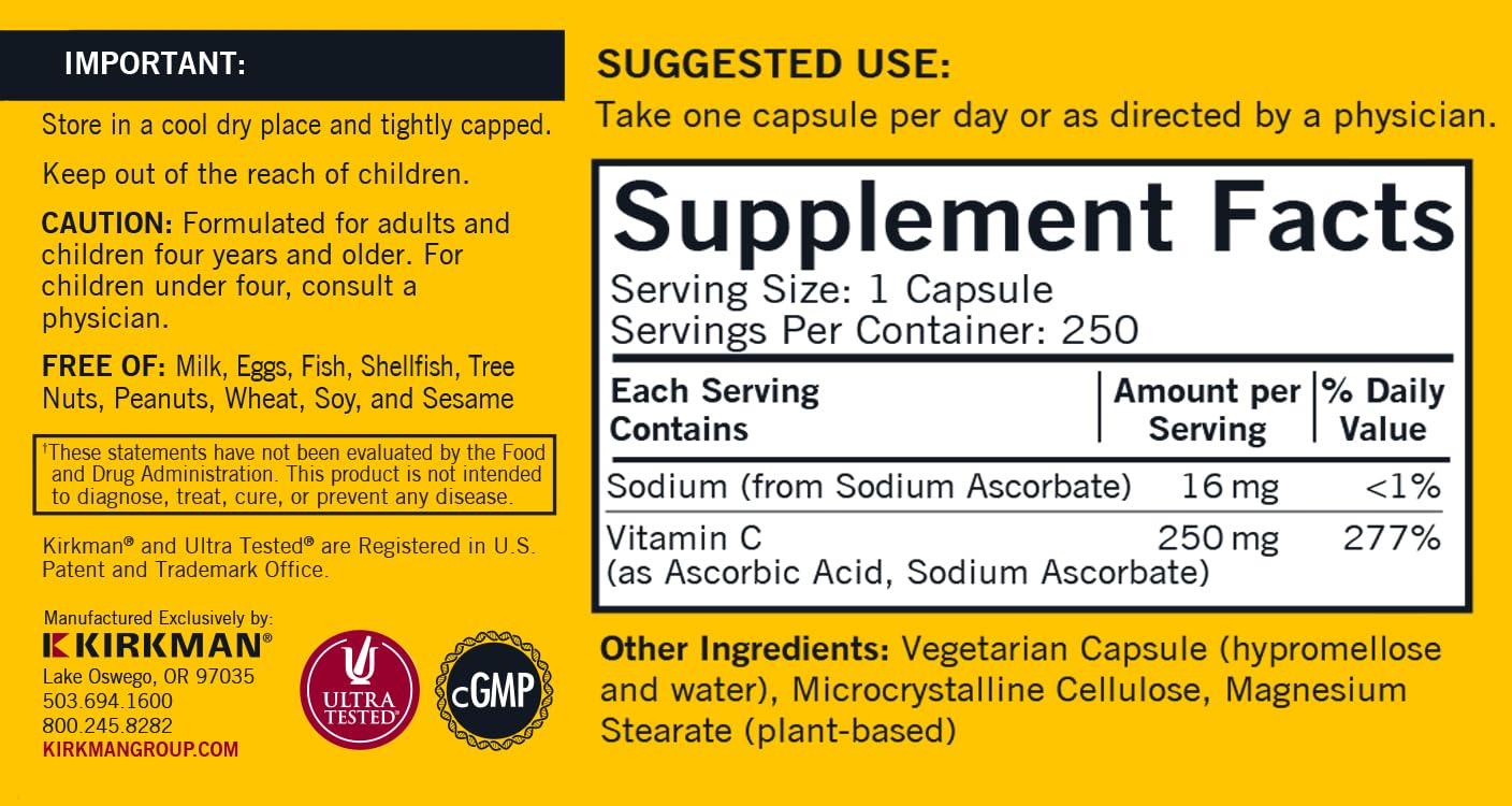 Vitamin C 250 mg capsules spilling from bottle