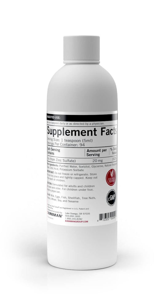 Bottle back label of Kirkman Zinc Liquid 16 oz Raspberry flavor