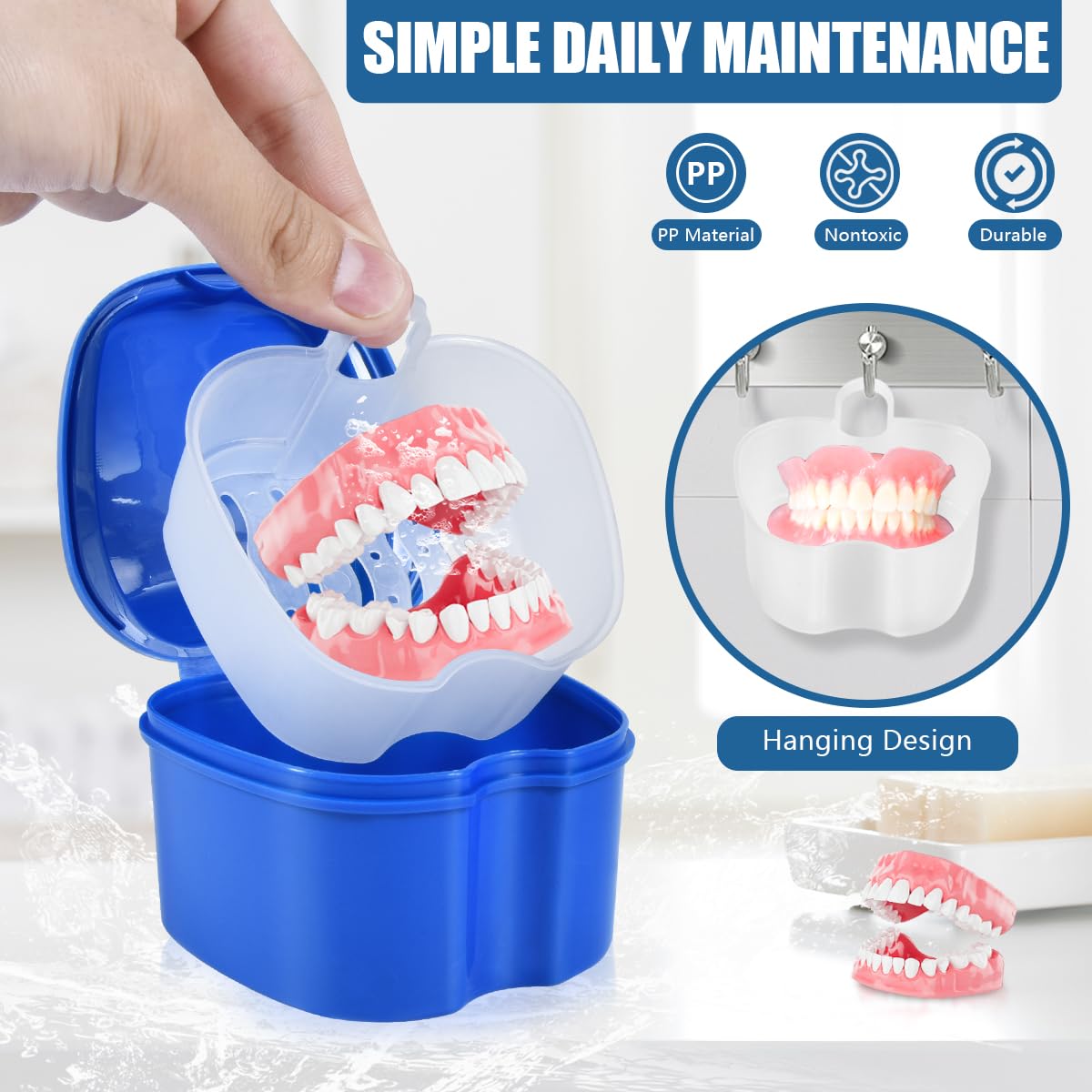 Denture bath case with lid and drainage features