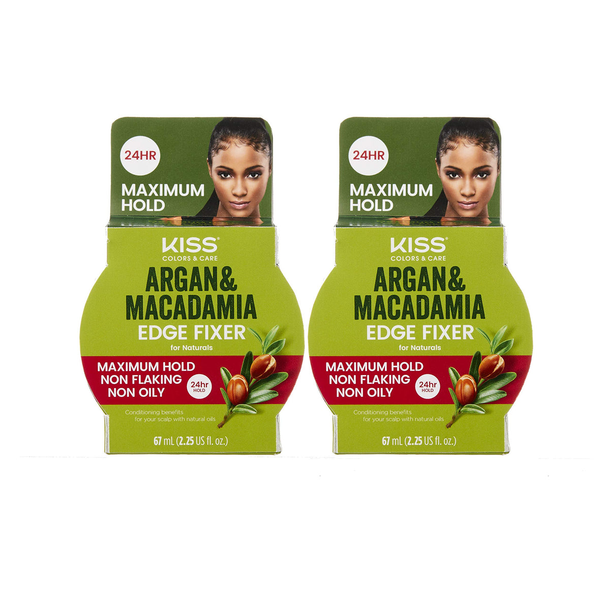 KISS Argan Macadamia Edge Fixer bottle shows strong hold and shine.