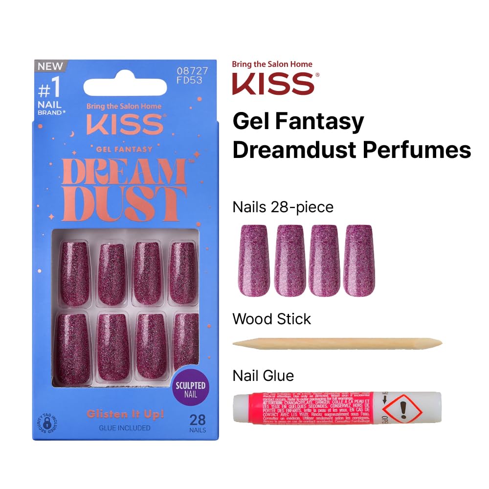 KISS Dreamdust glitter nail designs with packaging, showcasing trendy styles.