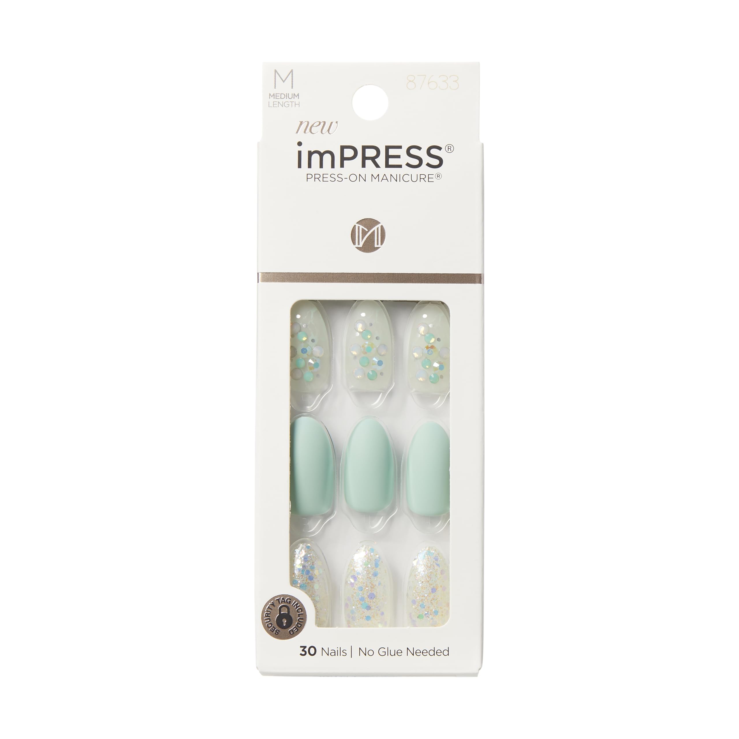 KISS imPRESS Evergreen nails in medium almond shape for a fast at-home manicure.
