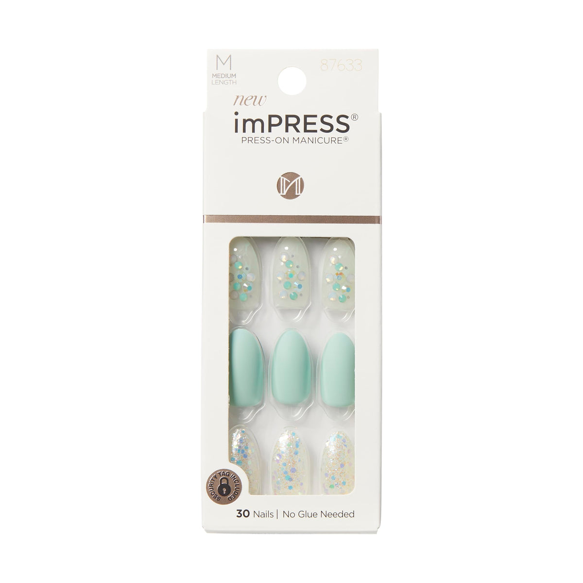 KISS imPRESS Evergreen nails in medium almond shape for a fast at-home manicure.