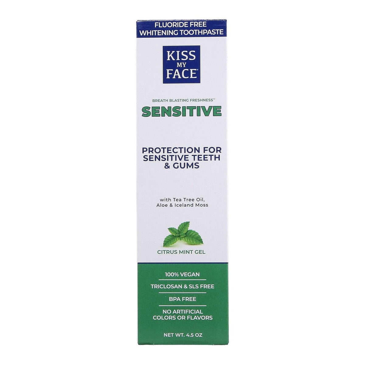Two Kiss My Face fluoride-free sensitive toothpaste tubes, 4.5 oz each