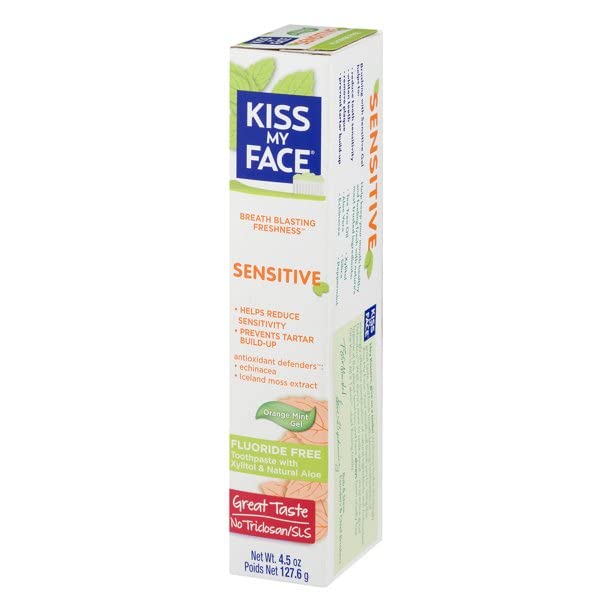 Close-up of Kiss My Face toothpaste tubes in pack of two