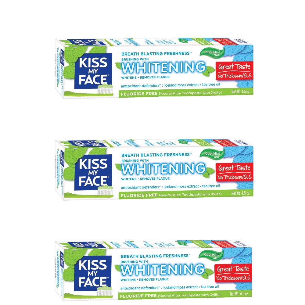 Front packaging of Kiss My Face Gel Teeth Whitening toothpaste with Tea Tree scent (13.5 oz, pack of 3)