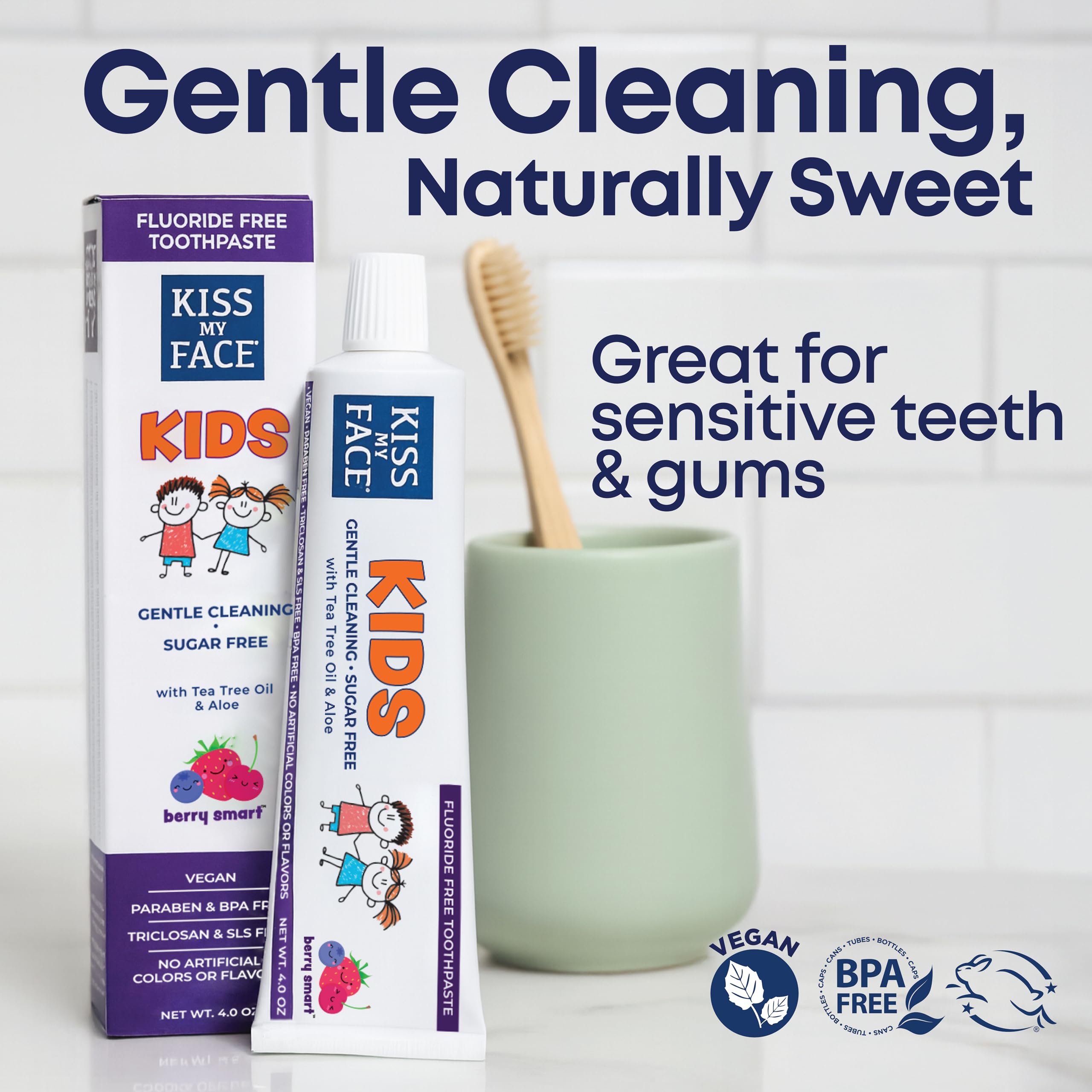 Packaging indicating vegan, fluoride-free, and SLS-free