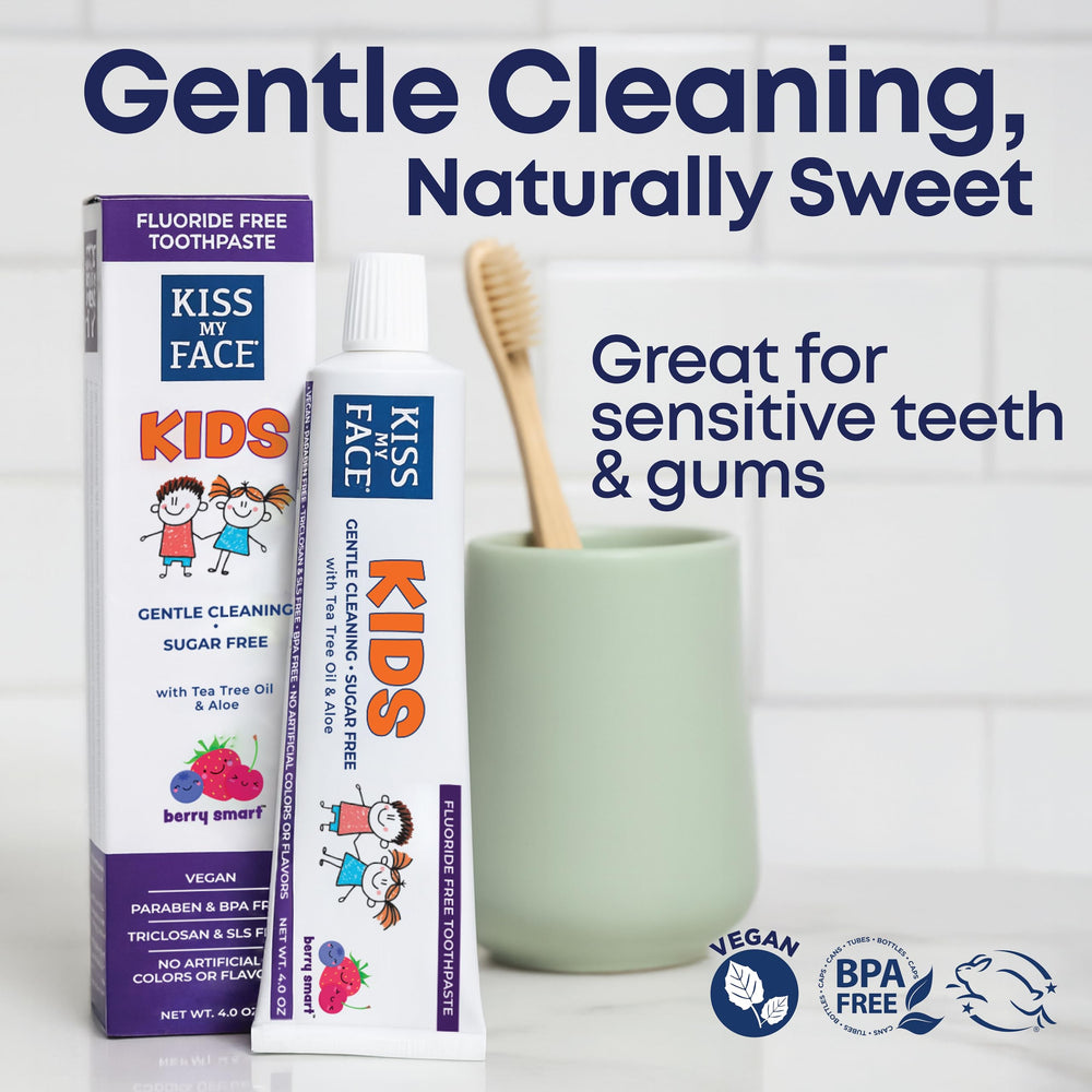 Packaging indicating vegan, fluoride-free, and SLS-free