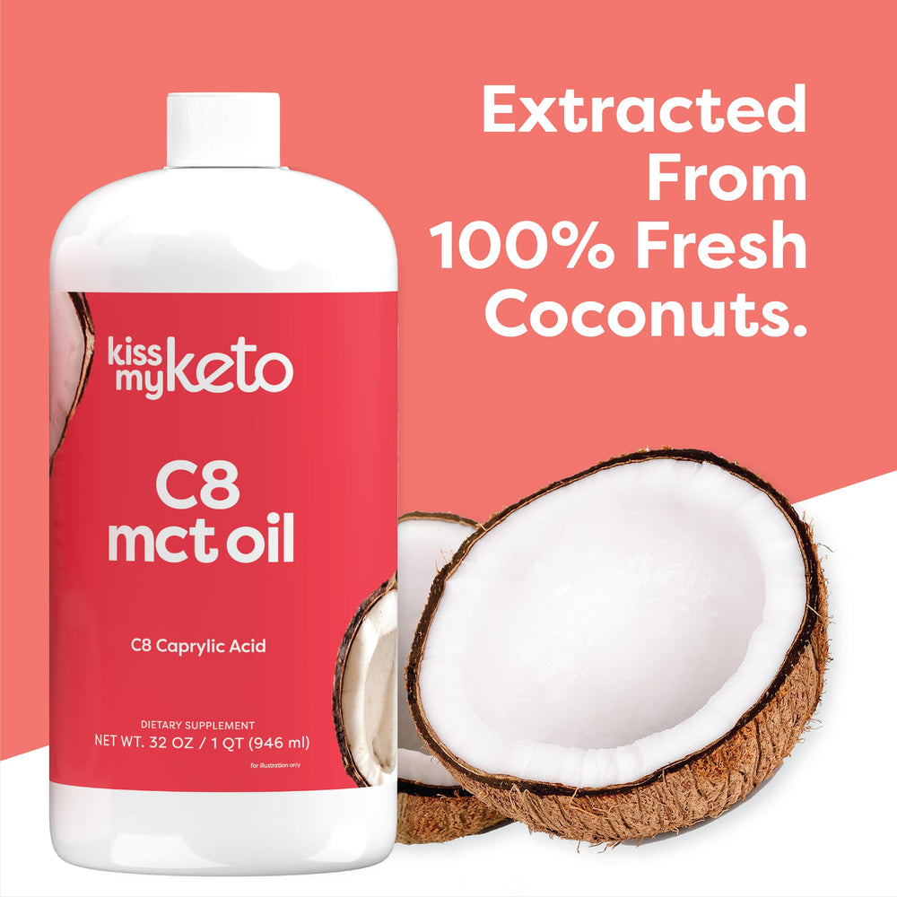 Close-up of Kiss My Keto MCT Oil C8 bottle label