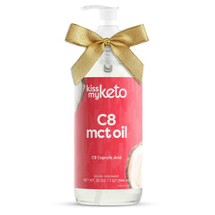 Kiss My Keto MCT Oil C8 bottle with pump for easy, mess-free dosing.