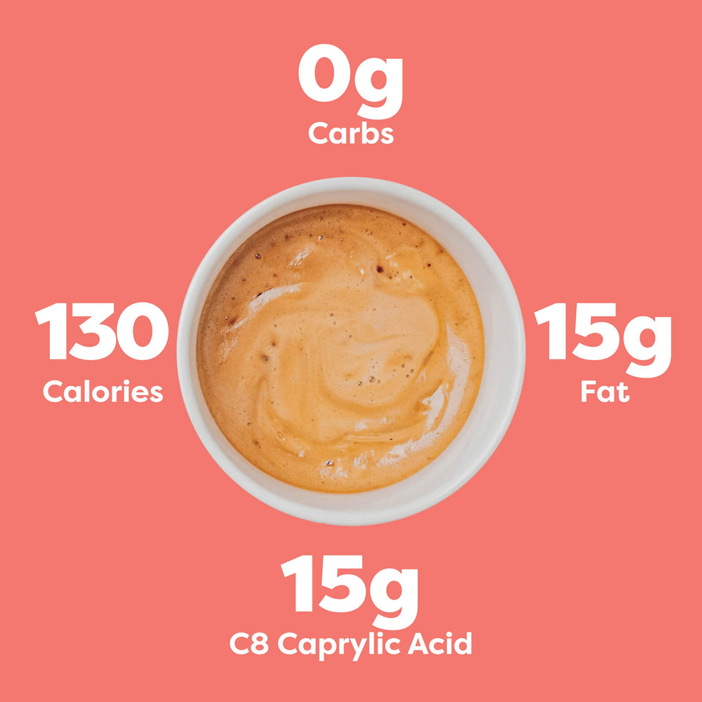 Kiss My Keto MCT Oil C8 being dispensed from the pump for quick use.