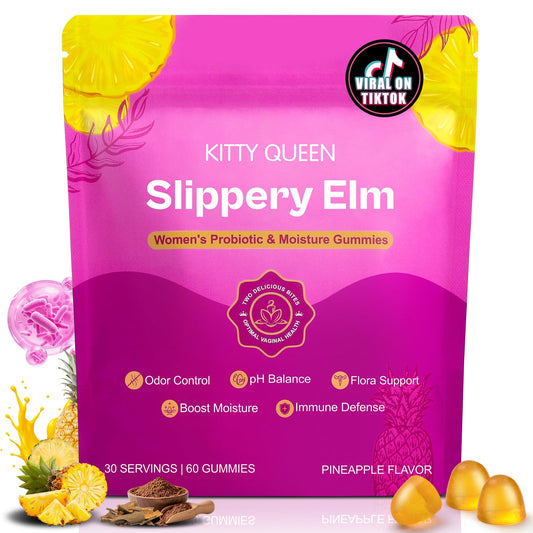 Front view of Kitty Queen Slippery Kitty product packaging and gummies