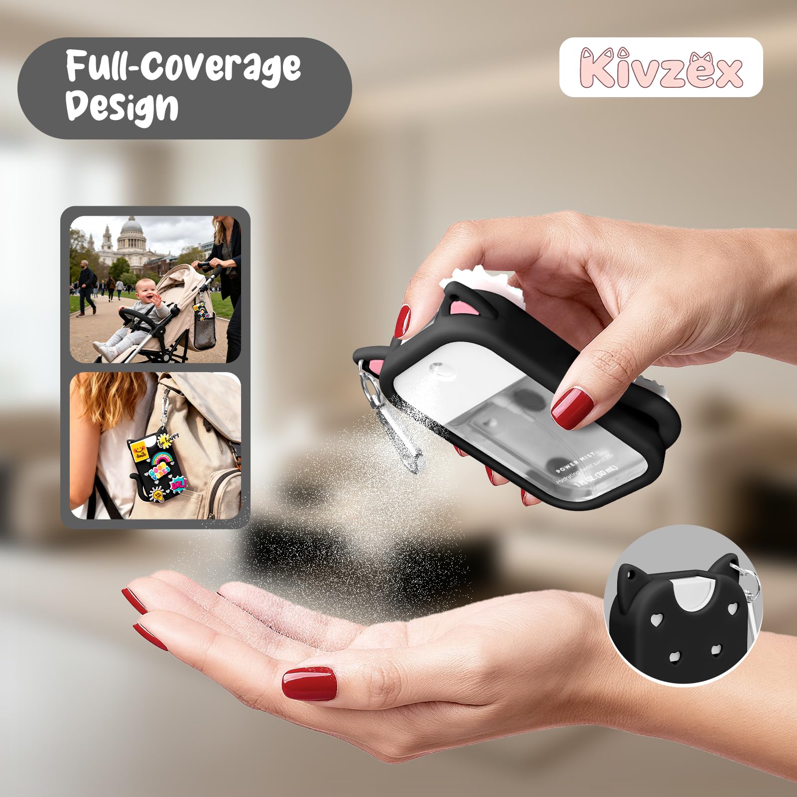 Kivzex durable silicone protection cushions the sanitizer case.