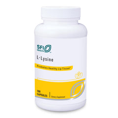 Front label of Klaire Labs SFI Health L-Lysine bottle showing 500 mg per capsule