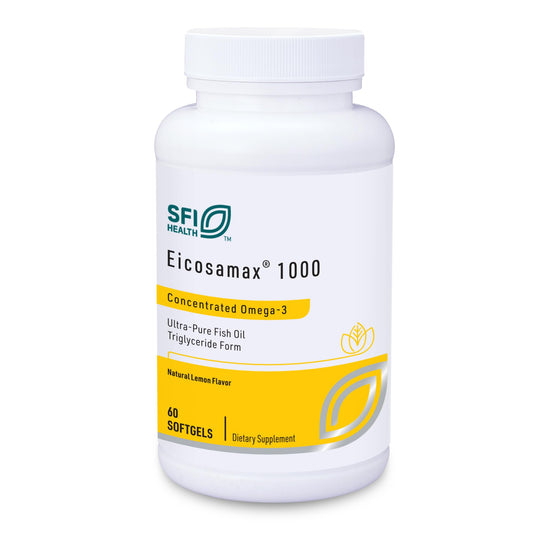 Klaire Labs Eicosamax 1000 TG Fish Oil bottle and softgels front view