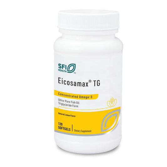 Klaire Labs Eicosamax TG fish oil softgels delivering 360 mg EPA and 240 mg DHA per capsule