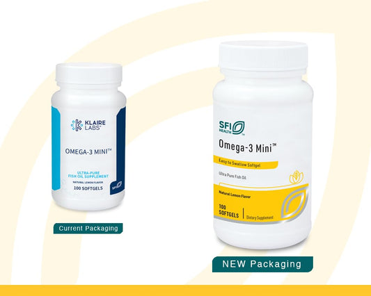 Close-up of Klaire Labs Omega-3 Mini label on bottle