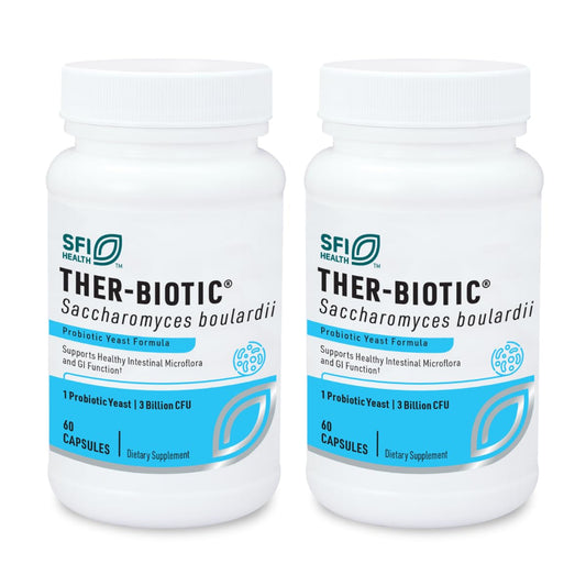 Front view of Klaire Labs SFI Health Saccharomyces boulardii bottle (60 capsules) in a 2-pack