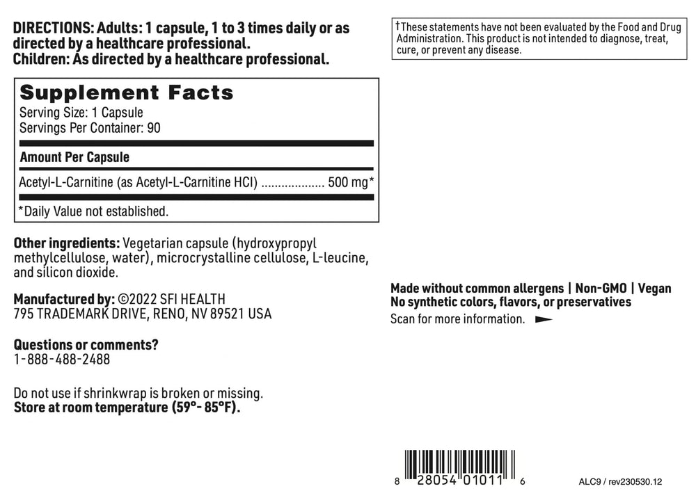 Klaire Labs SFI Health Acetyl-L-Carnitine bottle on white background