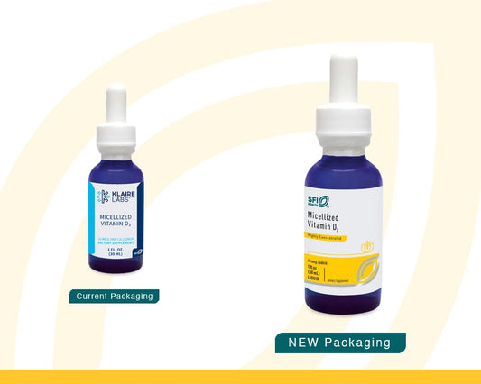 Back view of Klaire Labs SFI Health Micellized Vitamin D3 Liquid bottle showing dosage and ingredients
