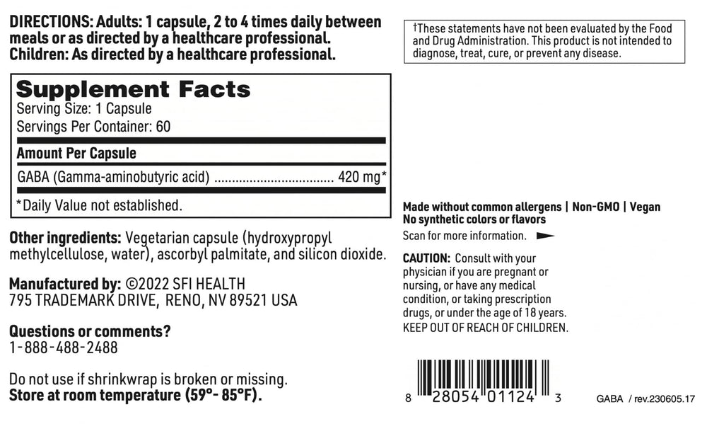 Nutrition facts for Klaire Labs SFI Health GABA