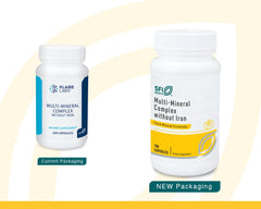 Close-up of two capsules from Klaire Labs Multi-Mineral Complex Without Iron