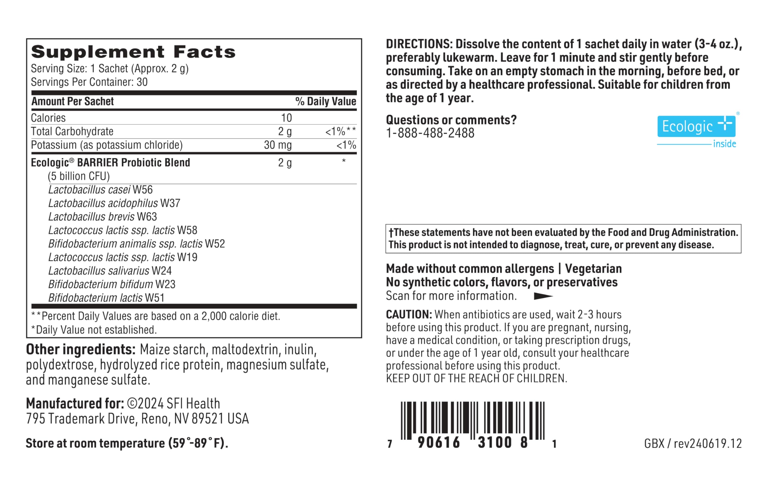 Hypoallergenic Klaire Labs probiotic powder ingredients free of common allergens