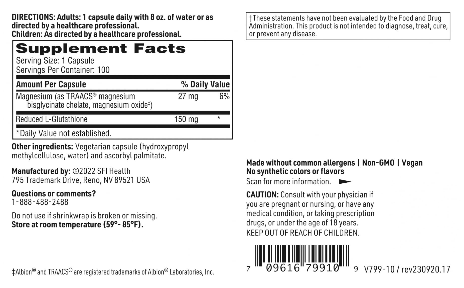 Supplement facts panel for Klaire Labs L-Glutathione