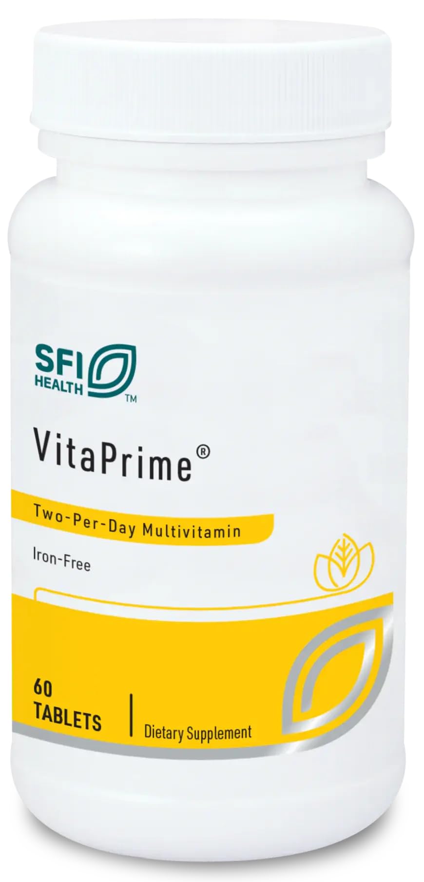 Front label of VitaPrime iron-free multivitamin tablets for men and women.